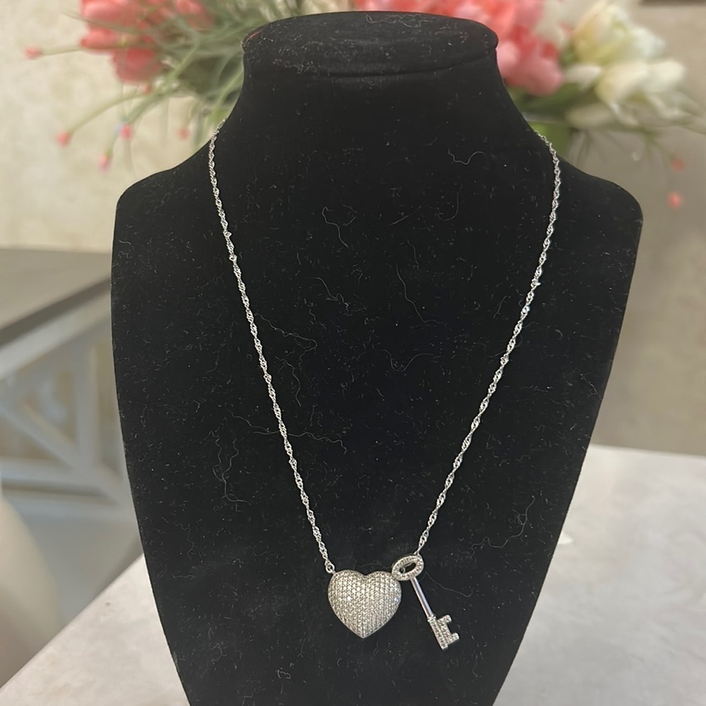 Diamond encrusted Sterling Silver heart Pendant and Key Pendant